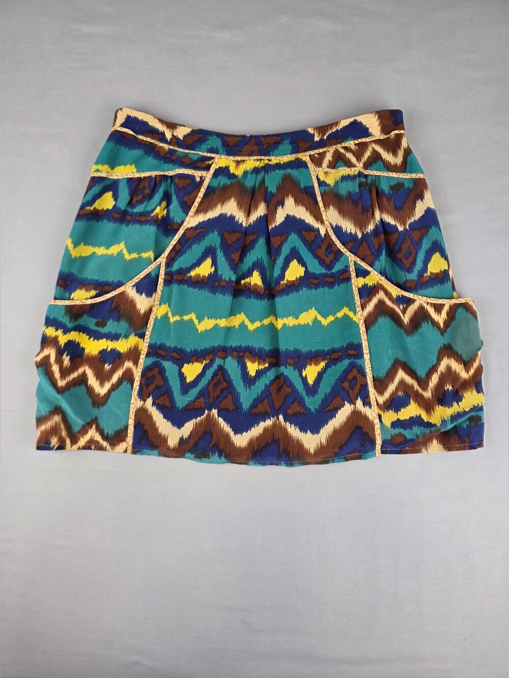 Vintage 100% Silk Mini Skirt Size Small Pockets Ikat Chevron Bohemian Hippie